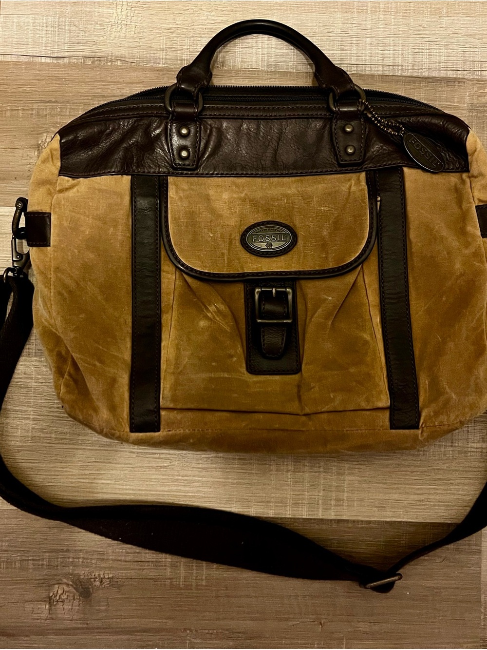 Fossil Tan Canvas with Dark Brown Leather Trim Messenger Bag